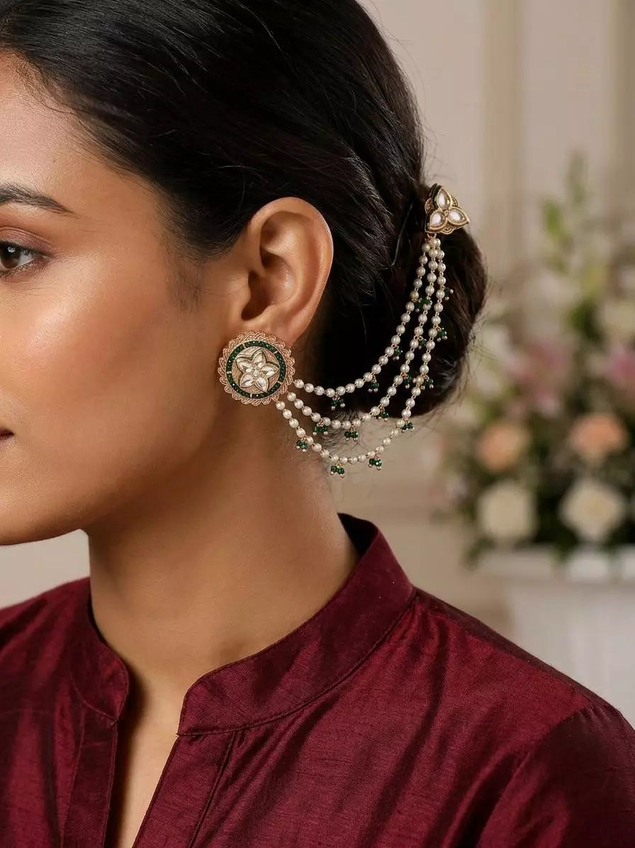 Floral Kundan and Pearl Ear Chain Stud Earrings in Brass