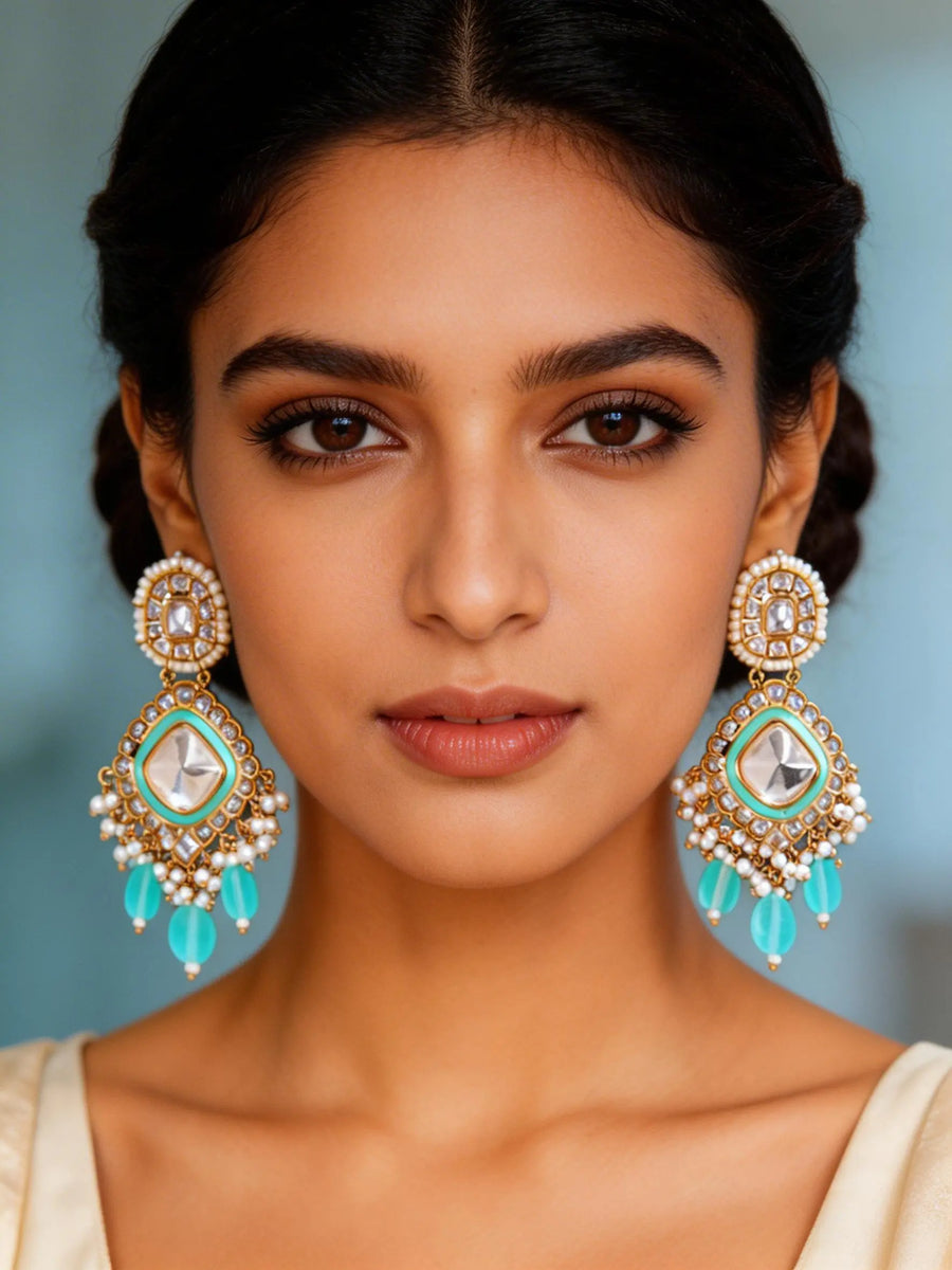 Kundan and Pearl Bunch Drop Earrings with Purple Glass Dangles