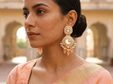 Kundan and Pearl Bunch Drop Earrings with Purple Glass Dangles