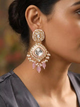 Kundan and Pearl Bunch Drop Earrings with Purple Glass Dangles