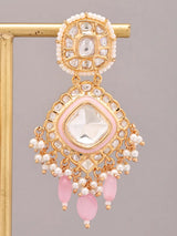 Kundan and Pearl Bunch Drop Earrings with Purple Glass Dangles