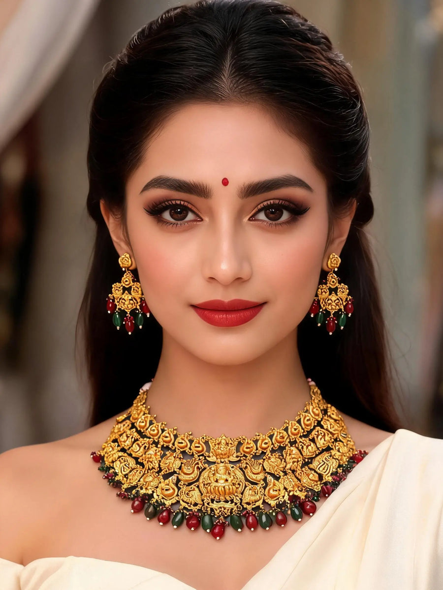 Temple Jewellery Lakshmi and Peacock Brass Necklace Set