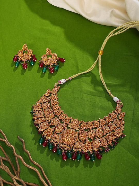 Temple Jewellery Lakshmi and Peacock Brass Necklace Set