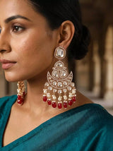 Kundan Chandbali Earrings with Pearl and Red Bead Drops