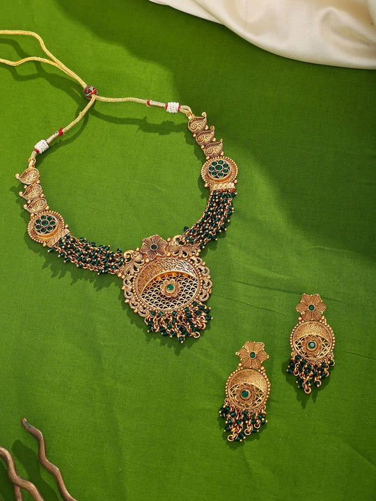 Floral Green Bead Kundan Necklace and Earrings Set