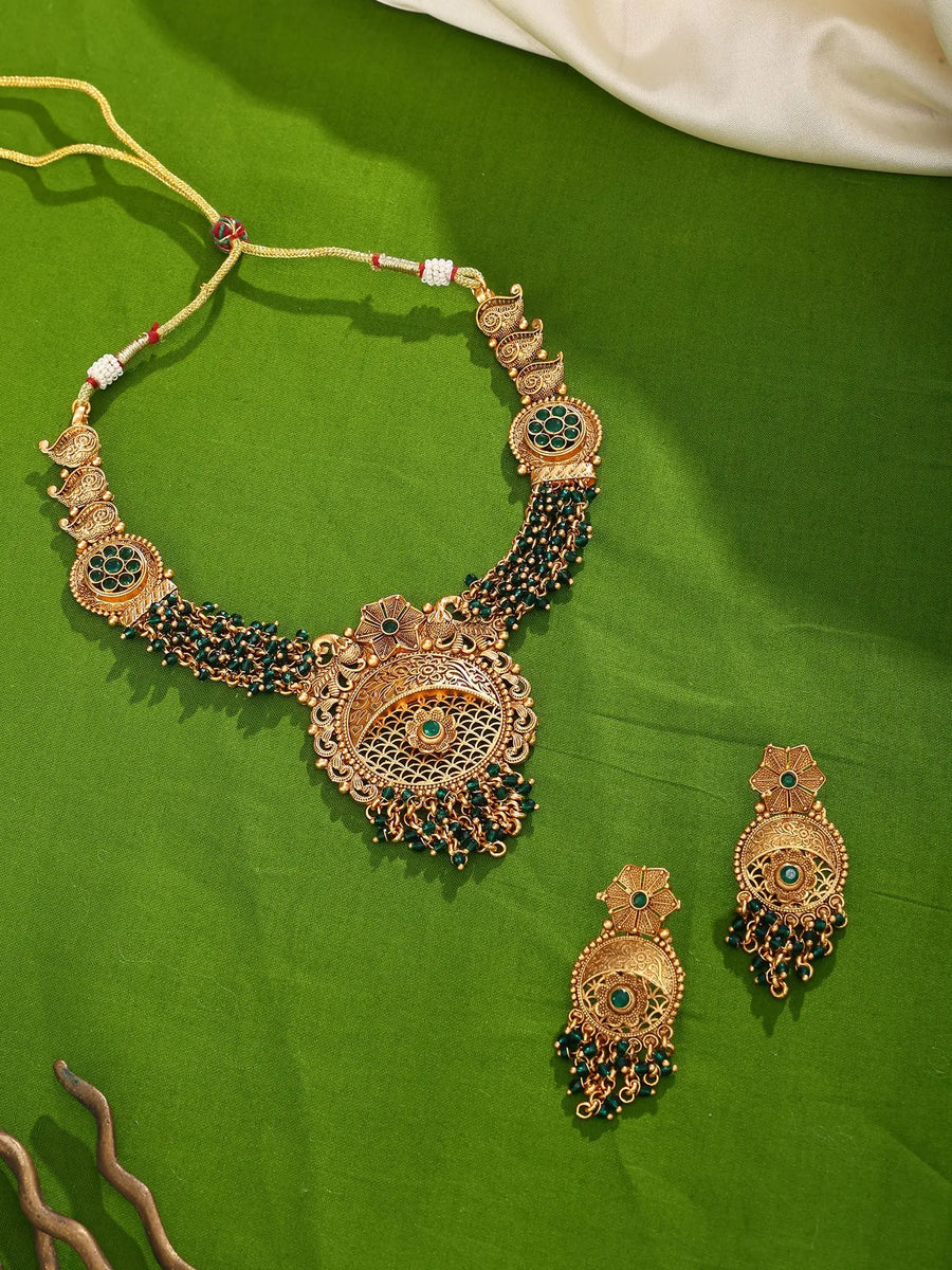 Floral Green Bead Kundan Necklace and Earrings Set
