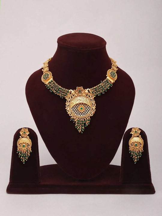 Floral Green Bead Kundan Necklace and Earrings Set