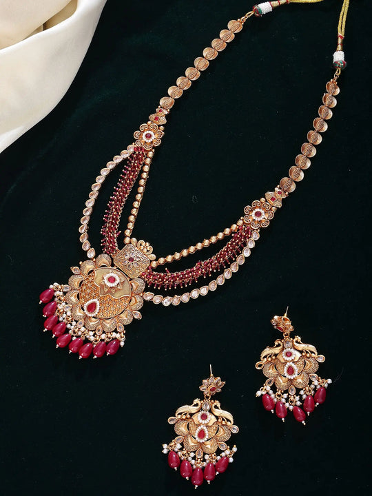 Floral Bead Drop Multi Strand Long Necklace and Earrings Set