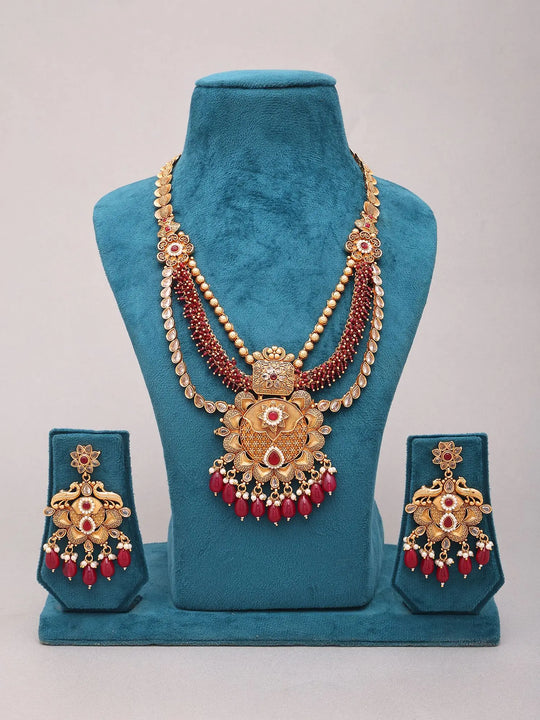 Floral Bead Drop Multi Strand Long Necklace and Earrings Set