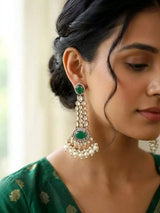Kundan and Pearl Drop Bridal Earrings in Meenakari Brass