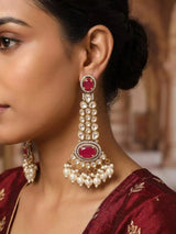 Kundan and Pearl Drop Bridal Earrings in Meenakari Brass