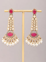 Kundan and Pearl Drop Bridal Earrings in Meenakari Brass