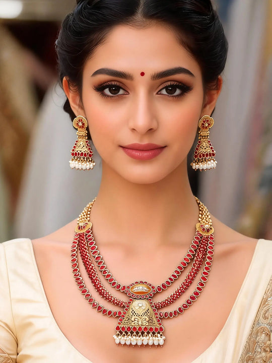 Crimson Stone Kundan Multi Strand Necklace and Earrings Set
