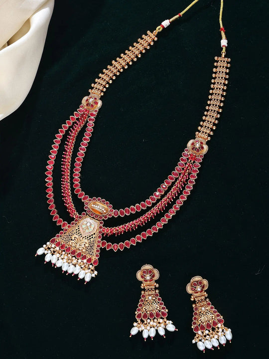 Crimson Stone Kundan Multi Strand Necklace and Earrings Set