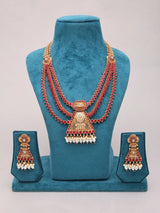Crimson Stone Kundan Multi Strand Necklace and Earrings Set