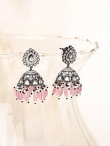 Kundan Stone Studded Jhumka Earrings with Bead Drops