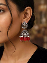 Kundan Stone Studded Jhumka Earrings with Bead Drops