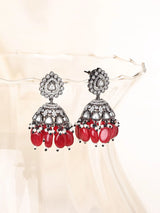 Kundan Stone Studded Jhumka Earrings with Bead Drops