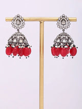 Kundan Stone Studded Jhumka Earrings with Bead Drops