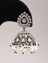 Kundan Stone Studded Jhumka Earrings with Bead Drops