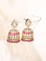 Kundan Bridal Jhumka Earrings with Pink and Green Bead Drops