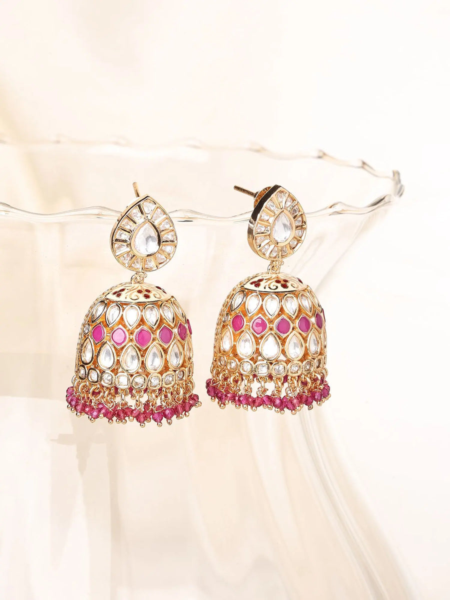 Kundan Bridal Jhumka Earrings with Pink and Green Bead Drops