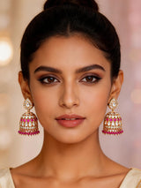 Kundan Bridal Jhumka Earrings with Pink and Green Bead Drops