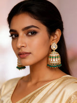 Kundan Bridal Jhumka Earrings with Pink and Green Bead Drops