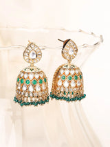 Kundan Bridal Jhumka Earrings with Pink and Green Bead Drops