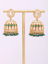 Kundan Bridal Jhumka Earrings with Pink and Green Bead Drops