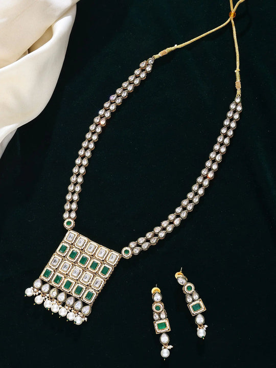 Moissanite Drop Cut Green and Gold Brass Necklace and Earrings Set