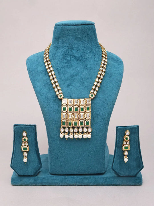 Moissanite Drop Cut Green and Gold Brass Necklace and Earrings Set