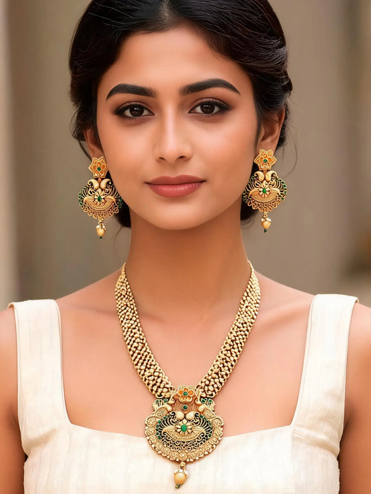 Mint Green Meenakari Floral Brass Necklace and Earrings Set