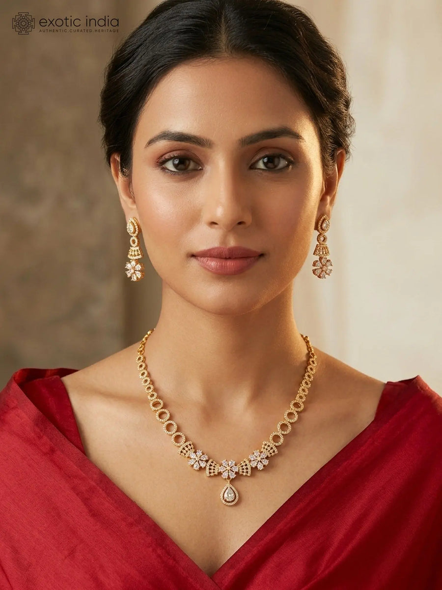 Floral Stone Studded Gold Plated Copper Necklace and Earrings Set