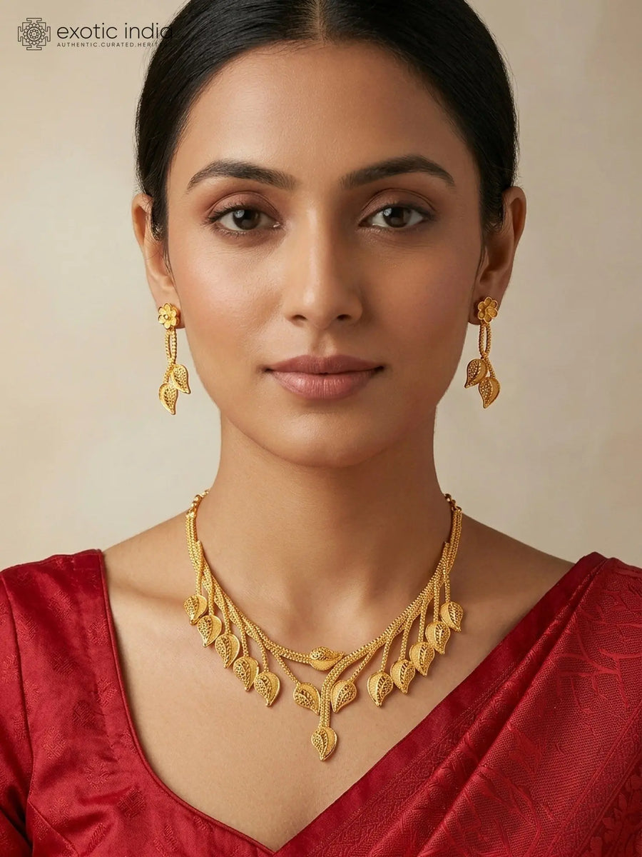 Copper and Gold Plated Leaf Motif Necklace and Earrings Set