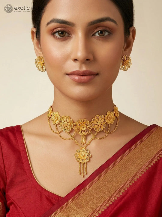 Floral Gold Plated Copper Choker and Earrings Set