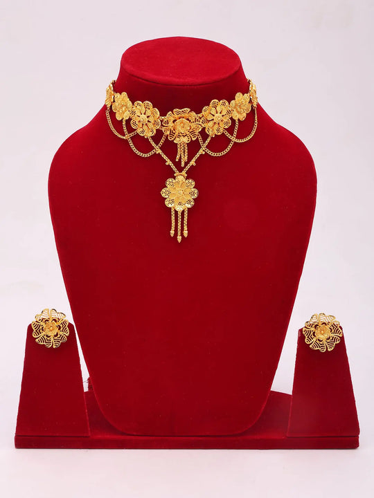Floral Gold Plated Copper Choker and Earrings Set