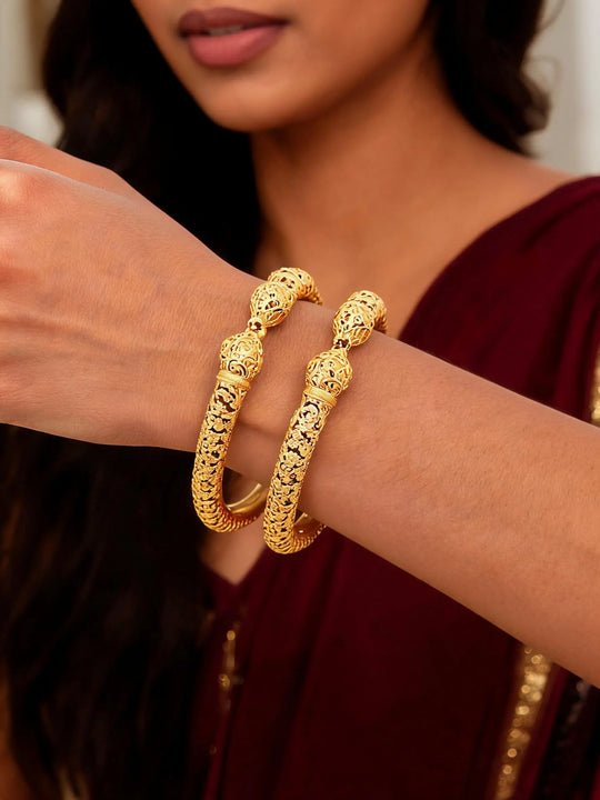 Floral Motif Gold Plated Copper Openable Bangles (Pair)