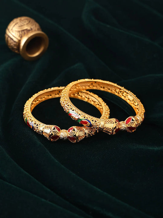 Peacock and Floral Meenakari Gold Plated Copper Bangles (Pair)