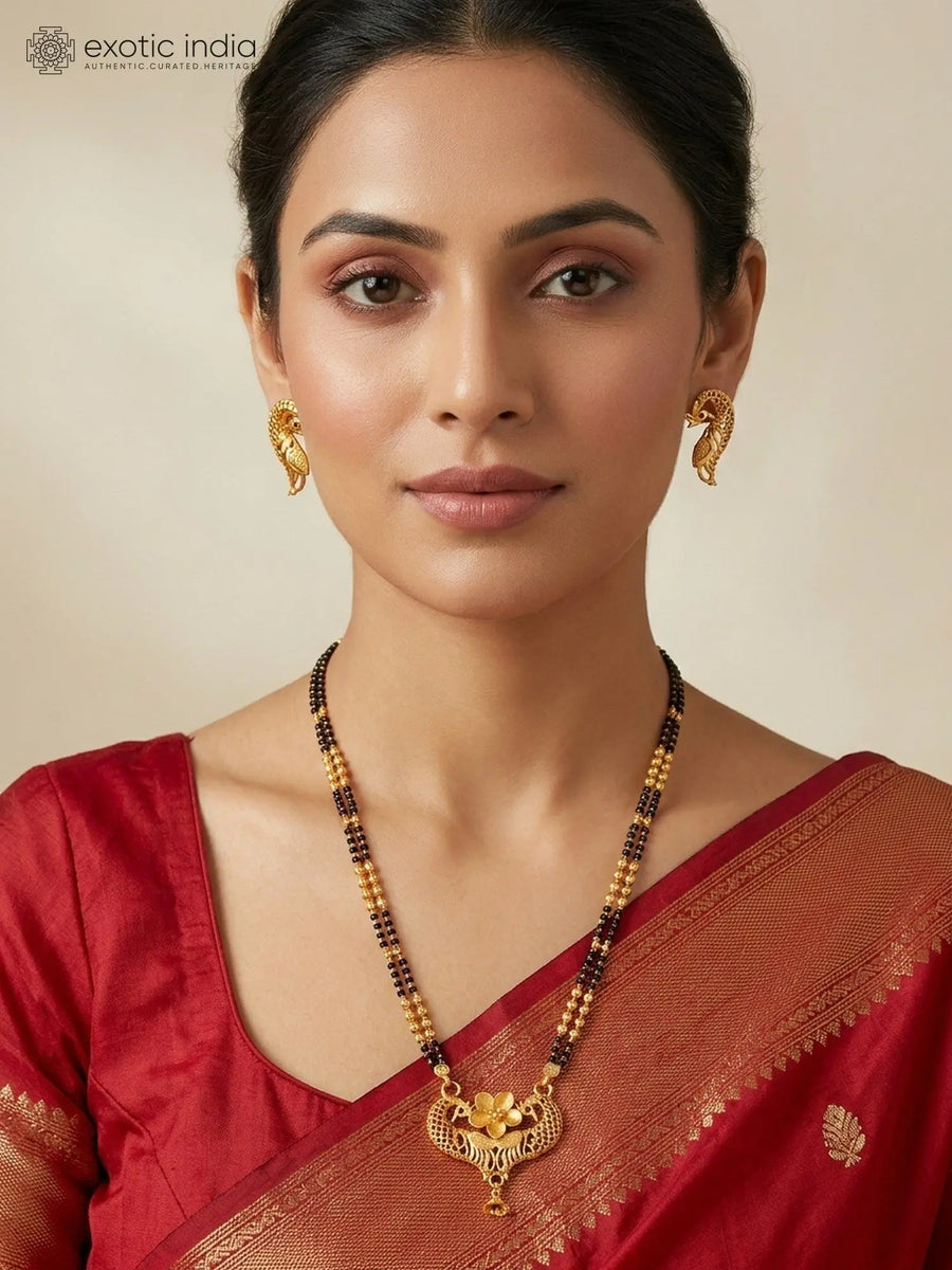 Peacock Motif Gold Plated Copper Mangalsutra Necklace and Earrings Set
