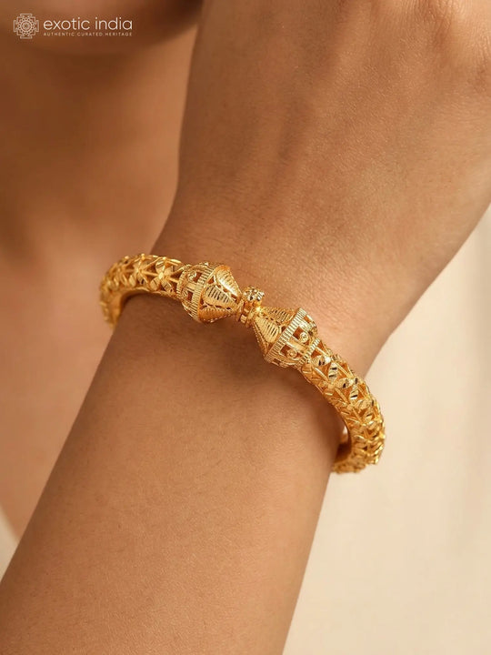 Floral Motif Gold Plated Copper Openable Bangle