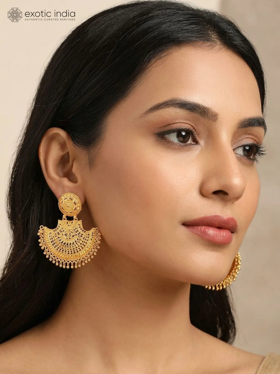 Fan Shaped Gold Plated Copper Chandbali Earrings