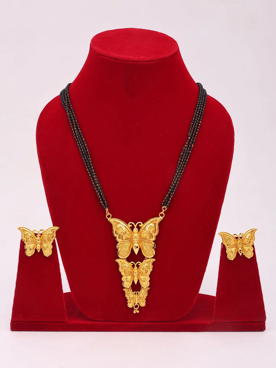 Butterfly Motif Gold Plated Copper Mangalsutra Necklace and Earrings