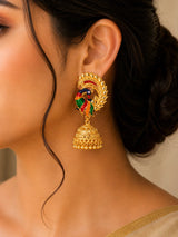 Multicolour Peacock Meenakari Gold Plated Jhumka Earrings