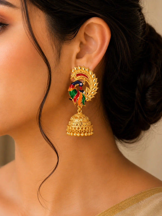Multicolour Peacock Meenakari Gold Plated Jhumka Earrings