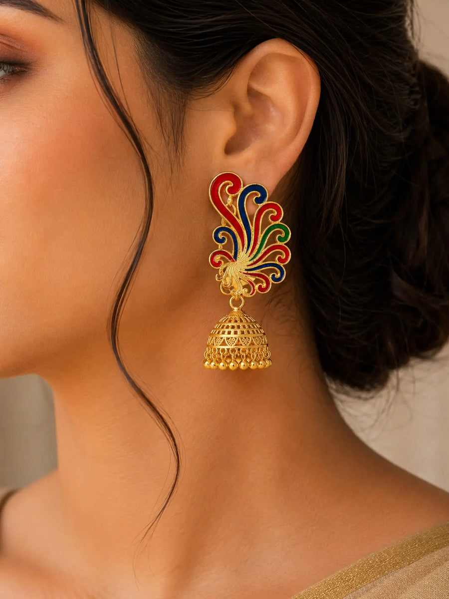 Multicolour Swirl Meenakari Gold Plated Jhumka Earrings
