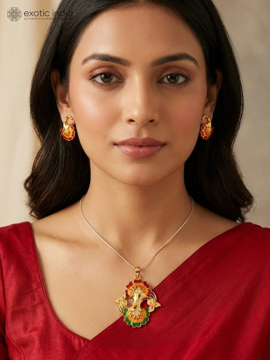 Floral Copper Gold Plated Pendant and Earrings Set