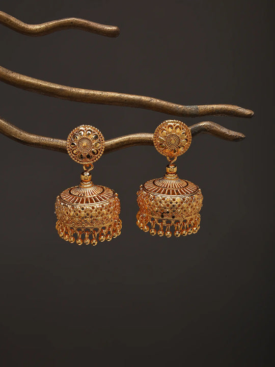 Floral Filigree Copper Gold Plated Jhumka Earrings