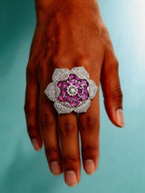 Floral Pink and Purple Stone Studded Brass Adjustable Ring