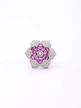 Floral Pink and Purple Stone Studded Brass Adjustable Ring